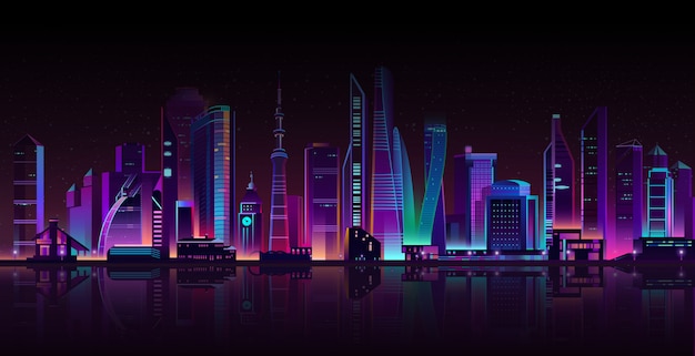 Free vector modern megapolis on river at night.