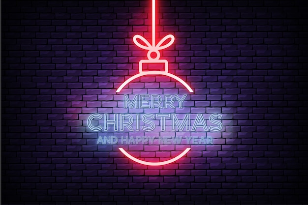 Modern Merry Christmas and New Year Card with Realistic Neon Design