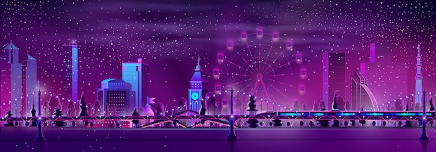 Современный мегаполис ночной пейзаж мультфильм вектор