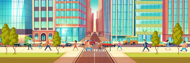 Free vector modern metropolis street life cartoon vector concept with people hurrying in business at city street, townsfolk walking sidewalk, pedestrians passing crossroads, transport moving on road illustration