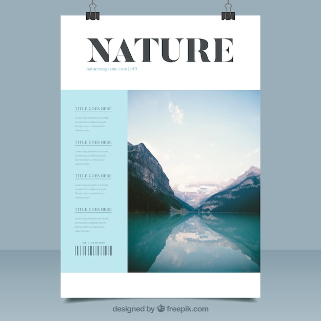 Vettore gratuito modello di copertina rivista moderna natura con foto