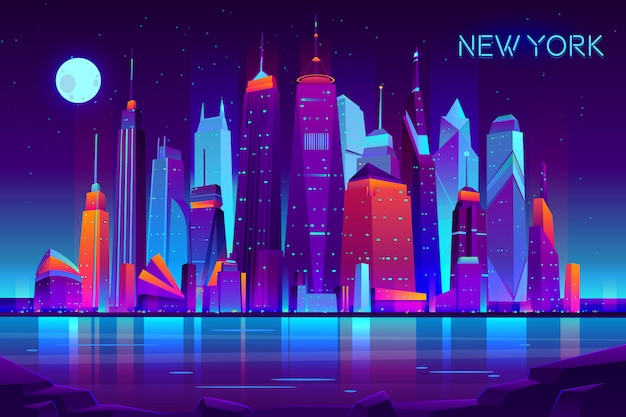 Modern New York City Cartoon Vector Night Landscape