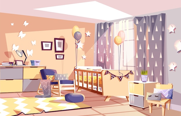 Modern newborn kid or nursery room interior illustration of bedroom furniture 
