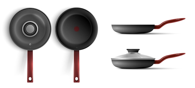 Modern non stick frying pan with lid top and side view realistic set isolated vector illustration