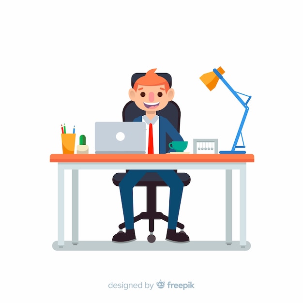 Free vector modern office desk with flat businessman