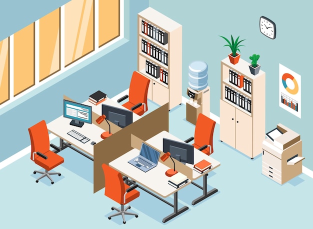 Free vector modern office interior with four workplaces bookcases printer and water cooler isometric vector illustration