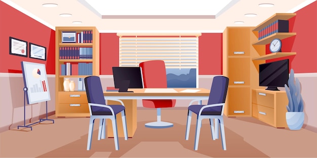 Современный офис босса дизайн интерьера фон комната для работы со стульями стол с компьютерным монитором шкаф с книгами и документами растения телевизор