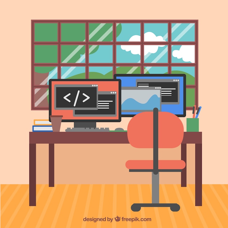 Free Vector modern office with computers and window