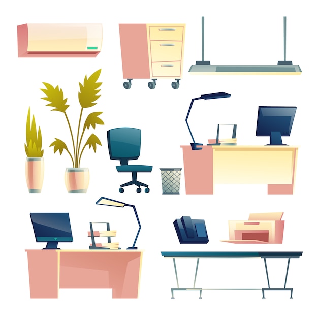 近代的なオフィス職場の家具、機器、用品分離漫画セット
