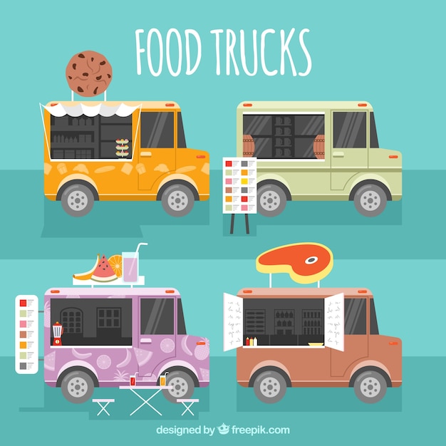 Modern pack of flat food trucks
