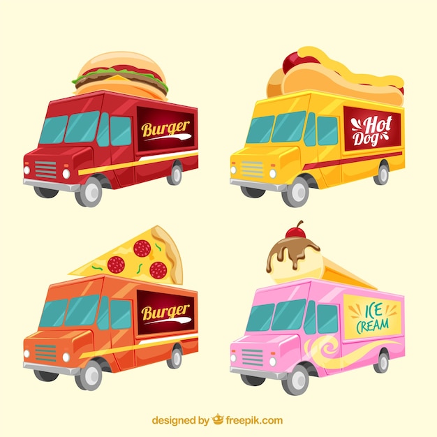 Modern pack of flat food trucks