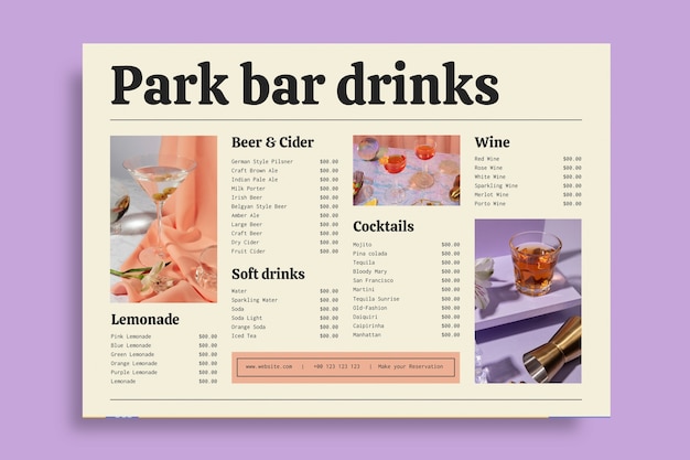 Vettore gratuito modello moderno del menu delle bevande del bar del parco