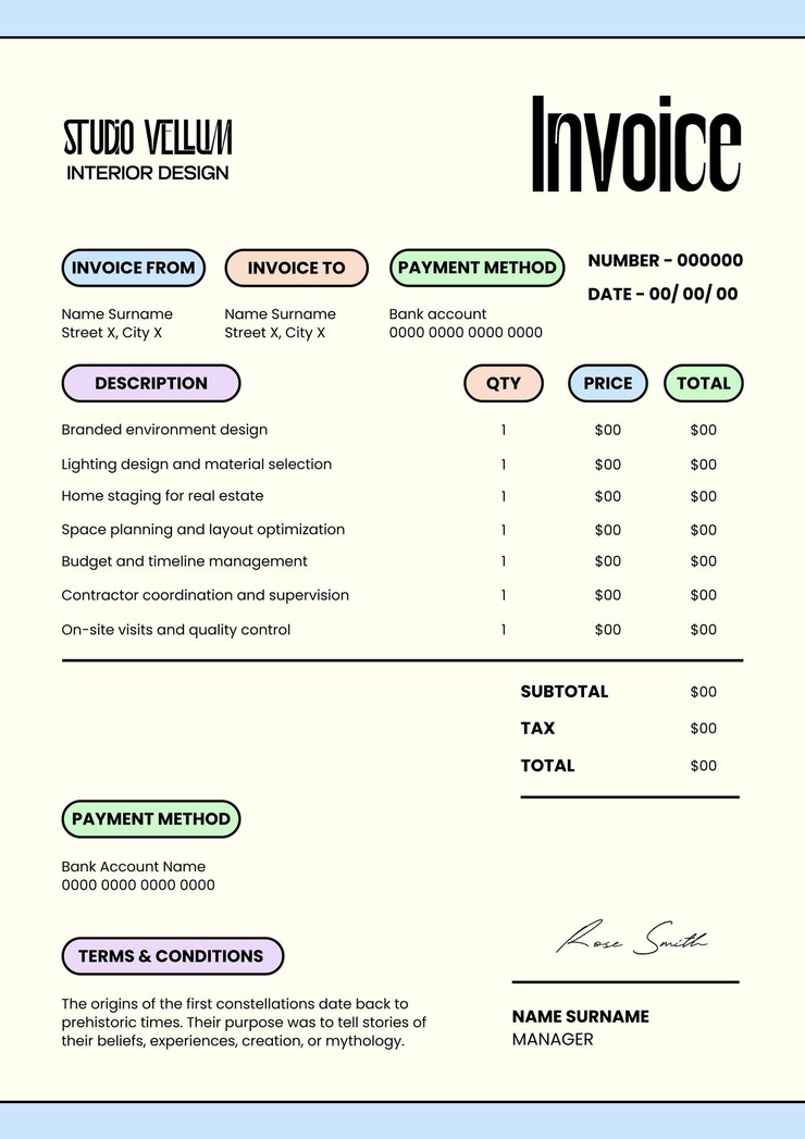 Free Vector modern pastel interior design studio invoice