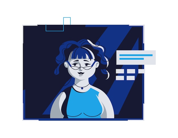 Modern people avatar in casual clothes, vector cartoon illustration. woman with individual face and hair, in light digital frame on dark blue computer, picture for web profile