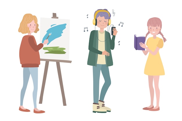 Modern people doing cultural activities illustration
