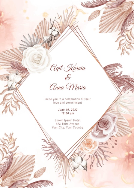 Шаблон приглашения свадебной открытки в современном розовом стиле бохо