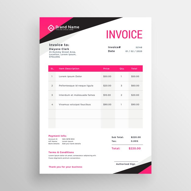 Modern pink geometric invoice template design