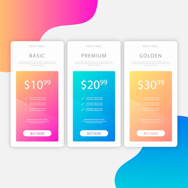 Modern pricing table with tree options