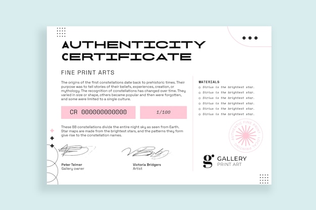 Modello di certificato di autenticità della stampa moderna