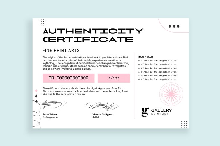 Free Vector modern print art authenticity certificate template