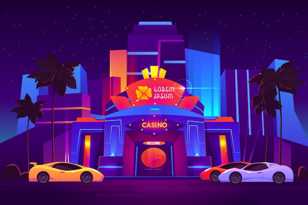 Современный курортный мегаполис, роскошное здание казино с яркой неоновой подсветкой