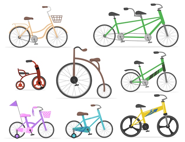 웹 디자인을위한 현대적이고 복고풍 자전거 평면 세트. 만화 그리기 오래 된 사이클 및 밝은 색상 고립 된 벡터 일러스트 컬렉션에서 귀여운 자전거. 운송, 사이클링 및 레이스 개념
