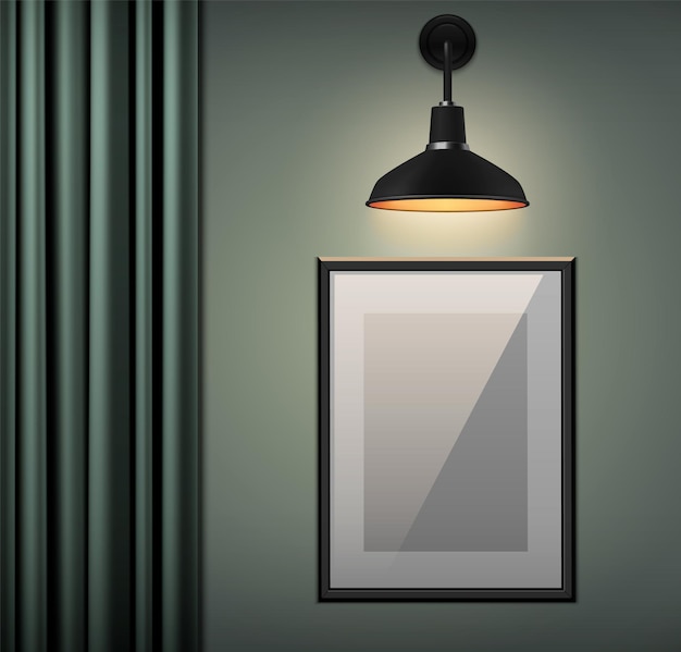 光る壁ランプの空白の額縁とカーテンの現実的なベクトル図を備えたモダンな部屋のインテリア