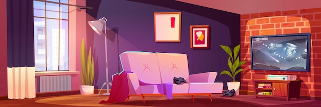 TV에서 비디오 게임을 즐길 수 있는 현대적인 객실 내부 벽돌 벽에 소파 TV 화면이 있는 깔끔한 아파트의 벡터 만화 그림 프레임의 추상 그림 창에서 아침 풍경 전망