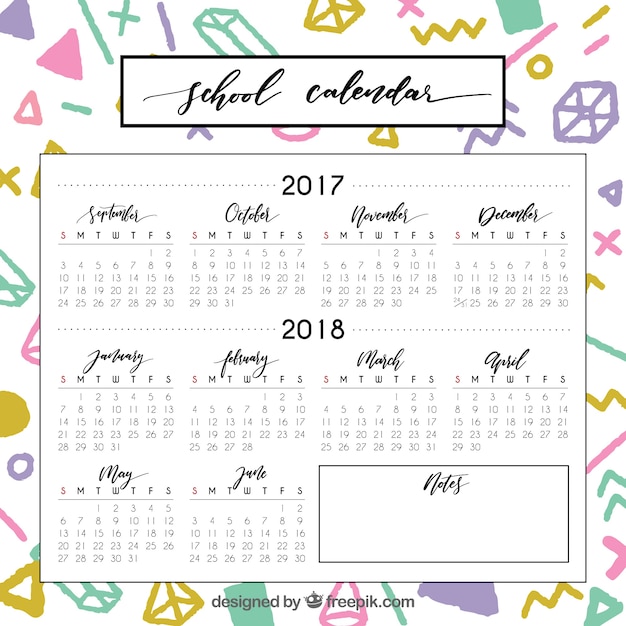 Free vector modern school calendar with colorful style