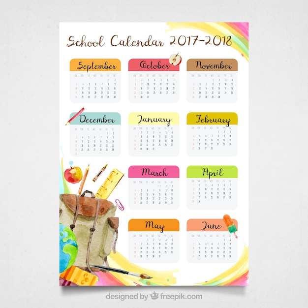 Modern school calendar with watercolor materials