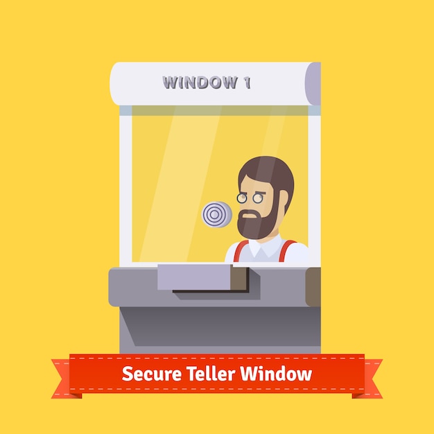 Modern secure teller window with a working clerk