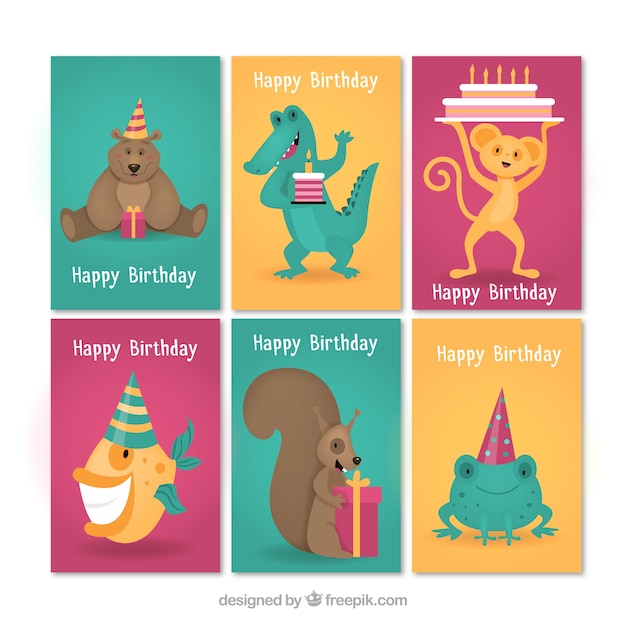 동물들과 함께 생일 축 하 카드의 현대 세트