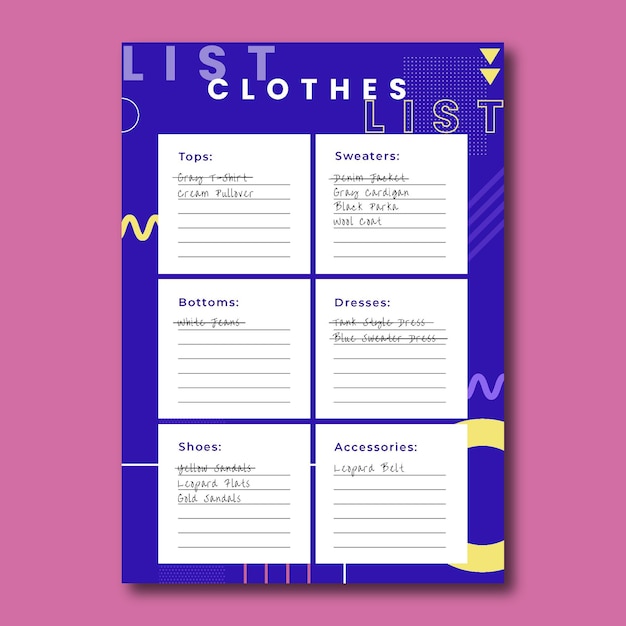 Free vector modern simple clothing shopping list template