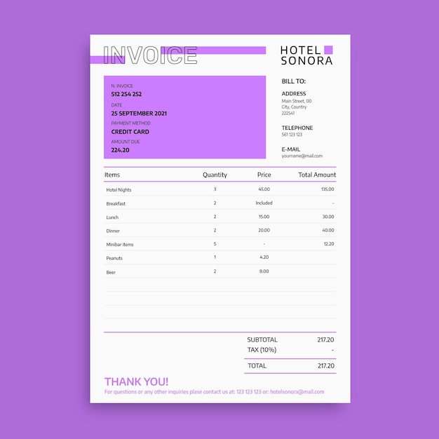 Free vector modern simple hotel receipt invoice