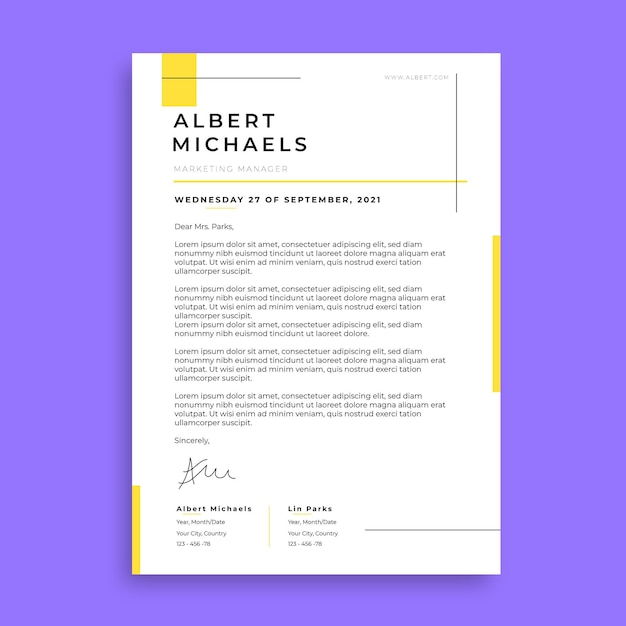 Free vector modern simple yellow albert letter template