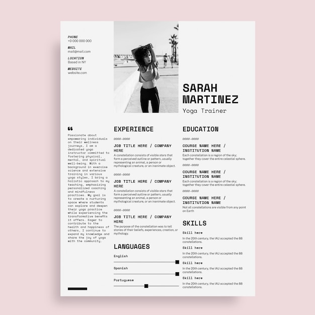 Free vector modern simple yoga trainer resume template