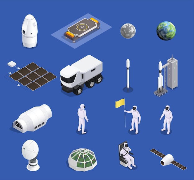 Современная космическая программа изометрический набор изолированных иконок космических кораблей внеземных базовых зданий и символов векторной иллюстрации космонавтов
