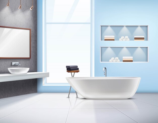 Modern spacious sunlit bathroom interior realistic design with white bath sink accessories and big w