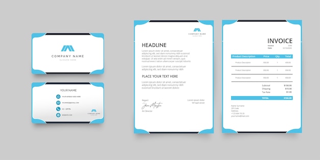 Modern Stationery Collection with Blue Business Card, letterhead and invoice