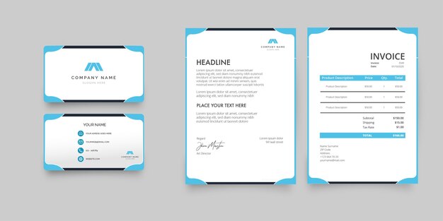 modern stationery collection with blue business card, letterhead and invoice