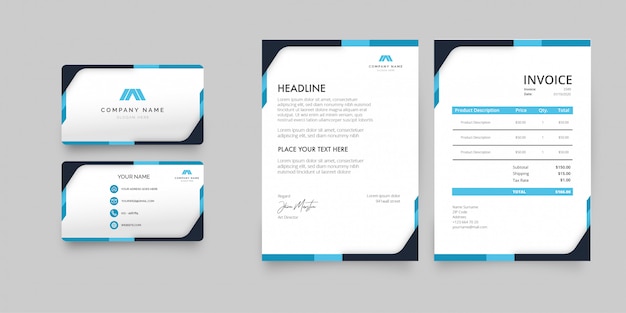 Free vector modern stationery pack with blue shapes template