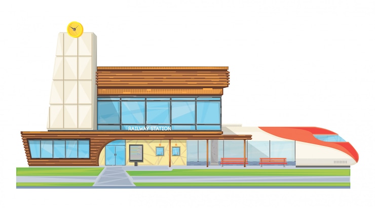 मुफ़्त वेक्टर modern steel glass railway station building front view flat image