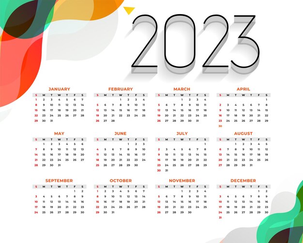 モダンなスタイルの新年 2023 年カレンダー テンプレート