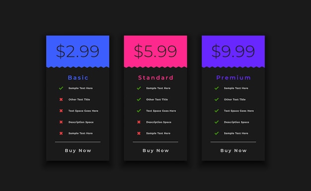 Free vector modern style pricing chart table layout with three subscription plan