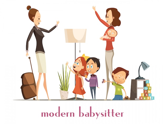 Modern stylish babysitter nanny holding baby playing with kids and waving farewell to busy mother ca