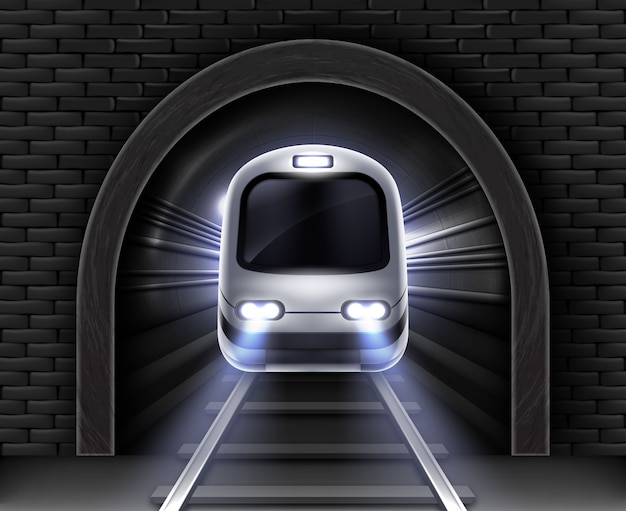 Modern subway train in tunnel. realistic illustration of front wagon of passenger speed train, stone arch in brick wall and rails. Underground electric railway transport