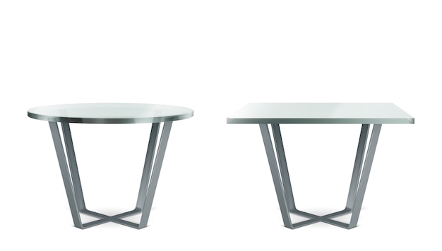 Modern tables with round and square glass top. realistic set of cocktail, coffee or dining table with metal cross legs and clear plexiglass top isolated on white background