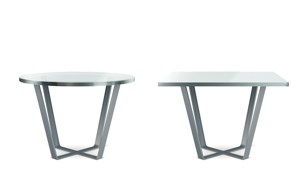 円形と正方形のガラストップを備えたモダンなテーブル。現実的なカクテル、コーヒー、ダイニングテーブルのクロス脚と明確なプレキシガラストップの白い背景で隔離のセット
