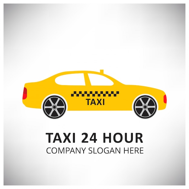 Знак такси в такси Служба такси 24 часа Serrvice Желтый автомобиль такси Белый и серый фон