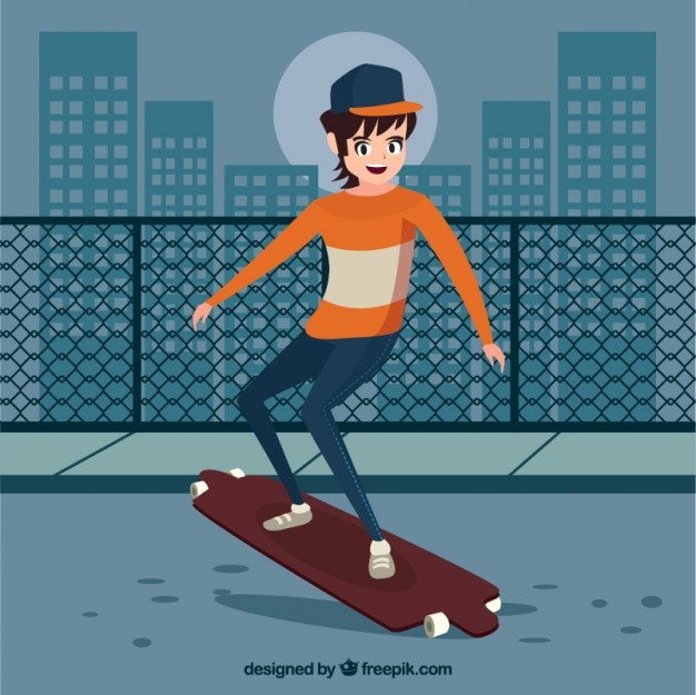 Vettore gratuito adolescente moderno con il suo skateboard in città